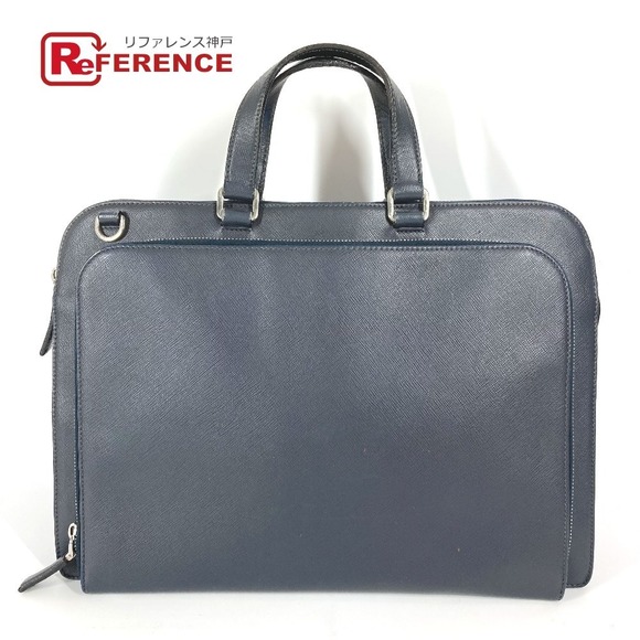 Prada Navy Bag Handbag Leather Tote Blue Business Saffiano Triangle - Picture 1 of 9